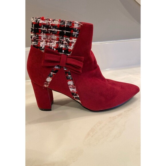 Allegra K Booties Tweed Plaid Faux Suede Ankle Boots Burgundy Sz 7 Chunky Heel - Picture 2 of 12